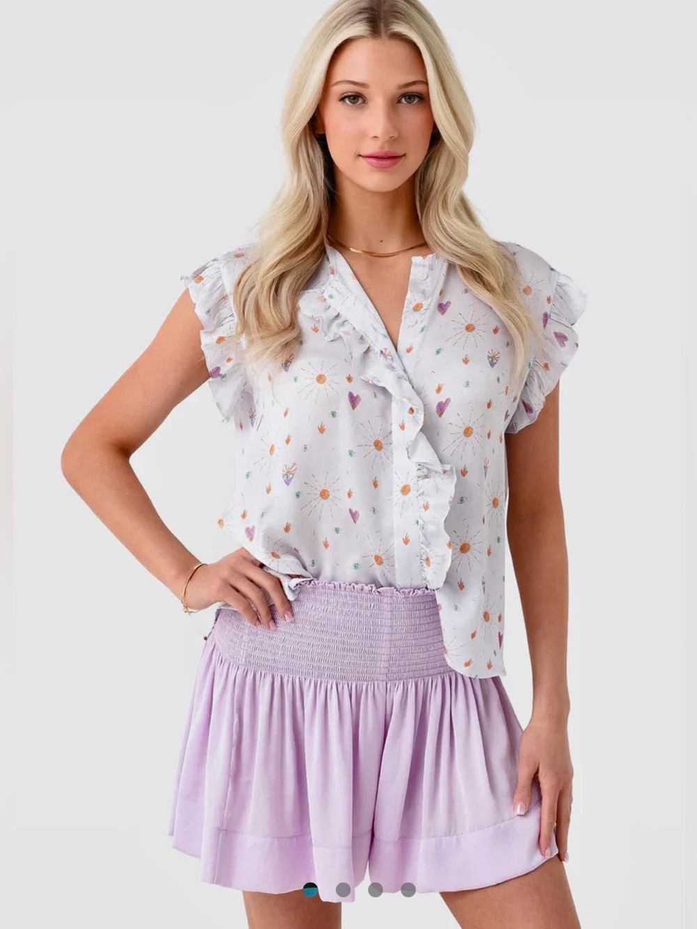 NWT KOCH Palm Top Ruffle Cap Sleeve Satin Feel Button Up L White/Orange/Lilac